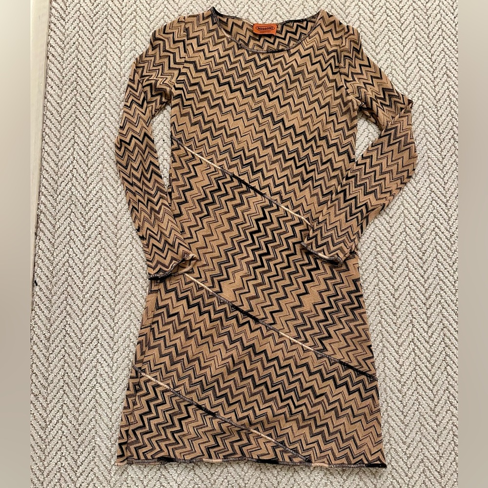 Missoni Dress Camel and Black Signature Classic Scoop Neck Long Sleeve Dress XS